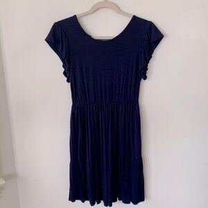 Olivia Rae navy Blue Casual Midi Sheath Dress  Flutter Sleeves and Scoop Neck